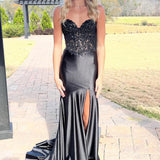 Donya | Mermaid Sweetheart Lace Satin Black Prom Dress with Slit