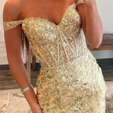 Soleil | Gold Sequin Lace Off the Shoulder Mermaid Prom Dress