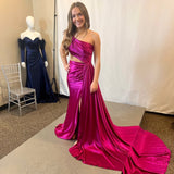 Shannon |Charming Mermaid One Shoulder Satin Prom Dresses with Slit