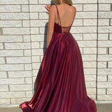 DarkRed Satin A Line Tight Long Prom Dress With Slit