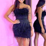 Sheath Strapless Blue Feathers Short Homecoming Dress with Beaded Belt