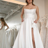 Simple A-Line Scoop Neck Satin Wedding Dresses with Slit