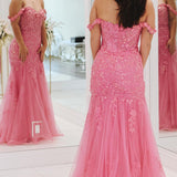 Suzanne | Pink Mermaid Off the Shoulder Tulle Long Prom Dress with Appliques