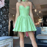 Verde | Sage Green Strapless Satin Short Homecoming Dresses