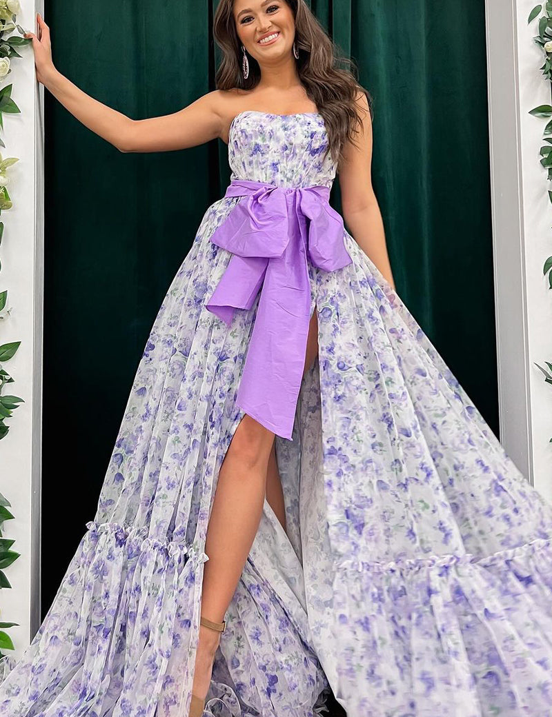 Chic Floral Printed Chiffon Strapless Long Prom Dresses with Slit