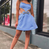 Spaghetti Straps Blue Cutout Homecoming Dress with Bow