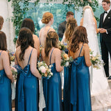 Simple Mermaid Spaghetti Straps Blue Long Bridesmaid Dresses with Bow Back