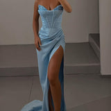 Eadlin | Sky Blue Strapless Satin Beaded Long Prom Dress With Split