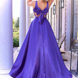 A Line V Neck Long Purple Prom Dress