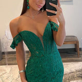 Ebony | Mermaid Emerald Off the Shoulder Lace Long Prom Dress