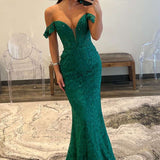 Ebony | Mermaid Emerald Off the Shoulder Lace Long Prom Dress