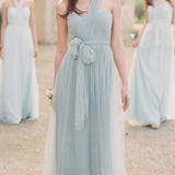 One-Shoulder Long Bowed Tulle Bridesmaid Dress With Ruching