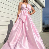 Edgar | Strapless White Satin A-line Long Formal Dress with Bow