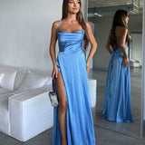 A Line Cowl Neck Blue Silk Saitn Bridesmaid Dresses with Slit