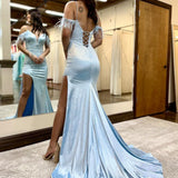 Blue Glitter Feather V Neck Long Prom Dress with Slit