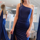 Simple Mermaid One Shoulder Navy Blue Satin Long Prom Dresses