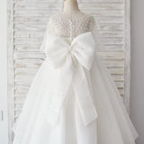 Elbow Sleeves Beaded Tulle Flower Girl Dress