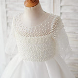 Elbow Sleeves Beaded Tulle Flower Girl Dress