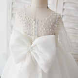 Elbow Sleeves Beaded Tulle Flower Girl Dress