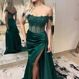 Jean | Emerald Green Off the-Shoulder Satin Prom Dresses with slit