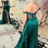 Jean | Emerald Green Off the-Shoulder Satin Prom Dresses with slit