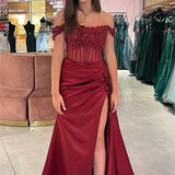 Jean | Emerald Green Off the-Shoulder Satin Prom Dresses with slit