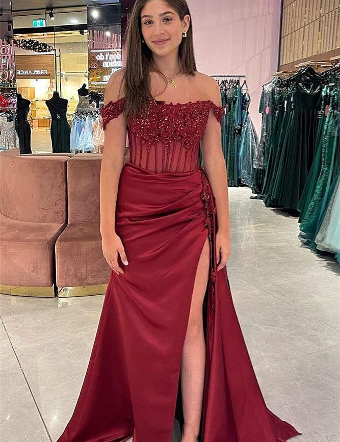 Jean | Emerald Green Off the-Shoulder Satin Prom Dresses with slit