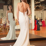 Elegant Mermaid Strapless Elastic Satin Wedding Dresses with Train