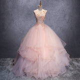 Pink Ball-Gown Organza Floor-Length Prom Dress with Appliqued