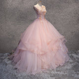 Pink Ball-Gown Organza Floor-Length Prom Dress with Appliqued