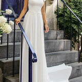 Elegant Satin and Lace Bateau A Line Court Train Wedding Dress with Ruching