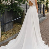 Elegant Satin and Lace Bateau A Line Court Train Wedding Dress with Ruching