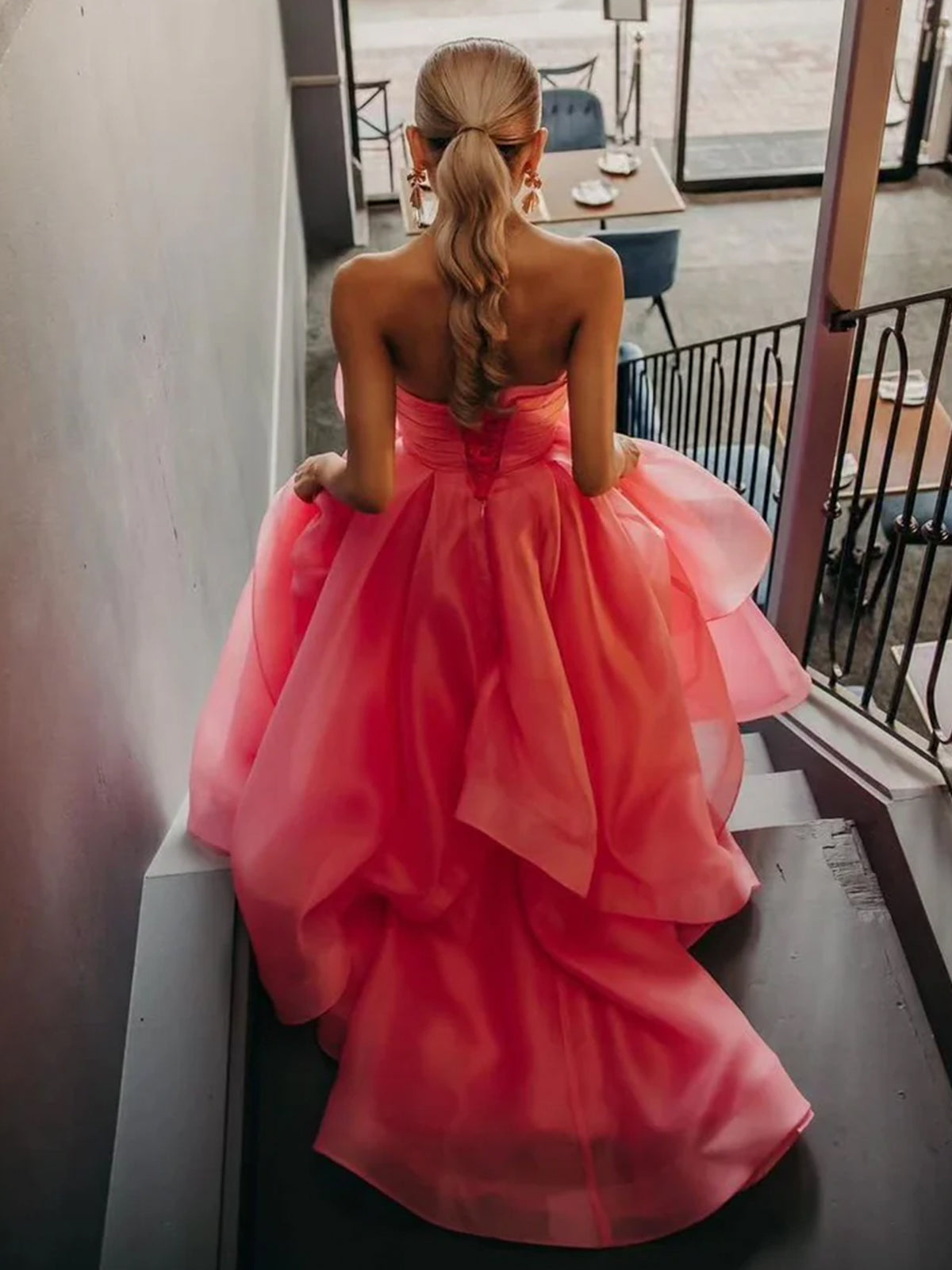 Hot Pink A Line Strapless Organza Floor Length Prom Dress