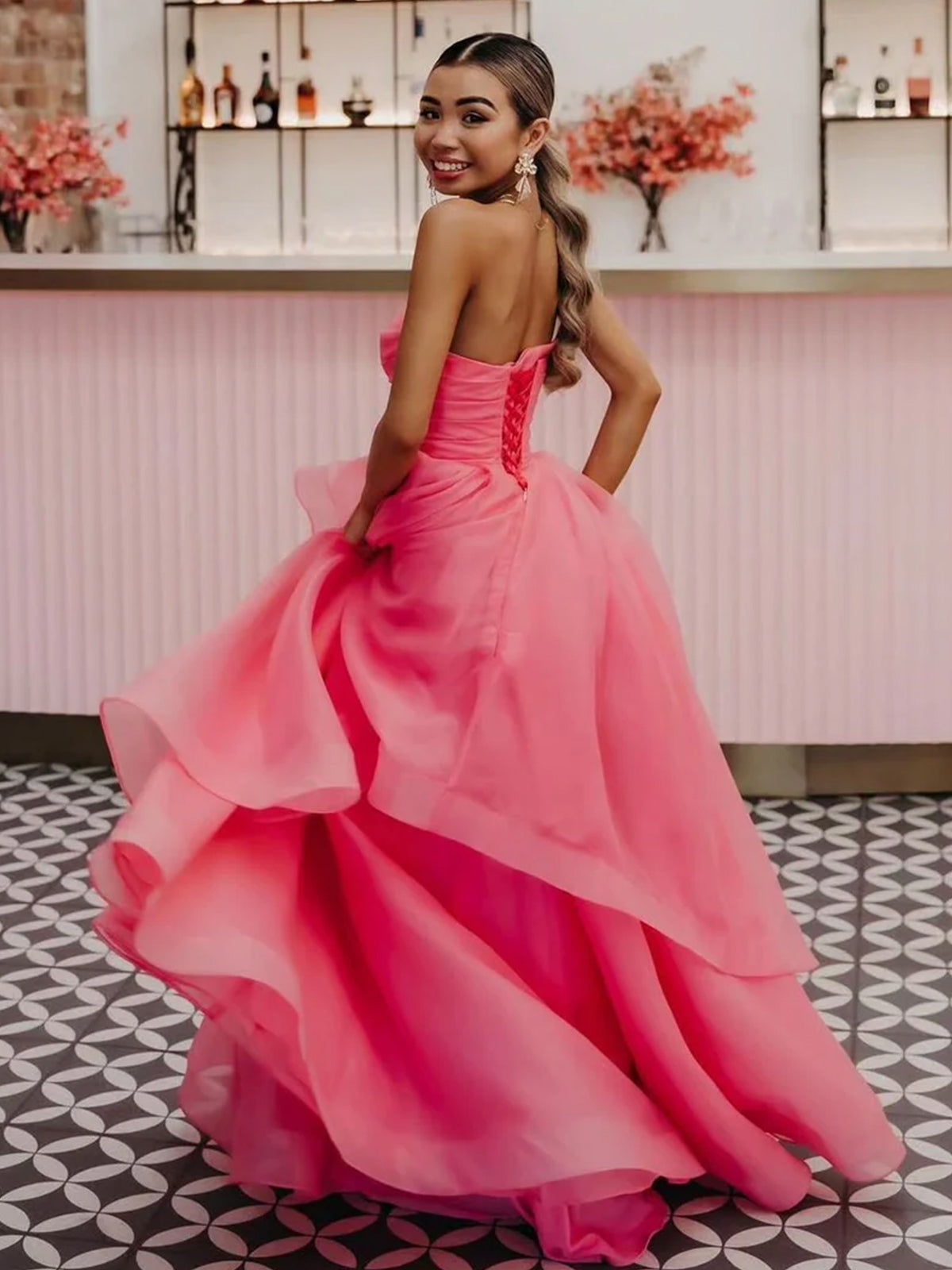 Hot Pink A Line Strapless Organza Floor Length Prom Dress