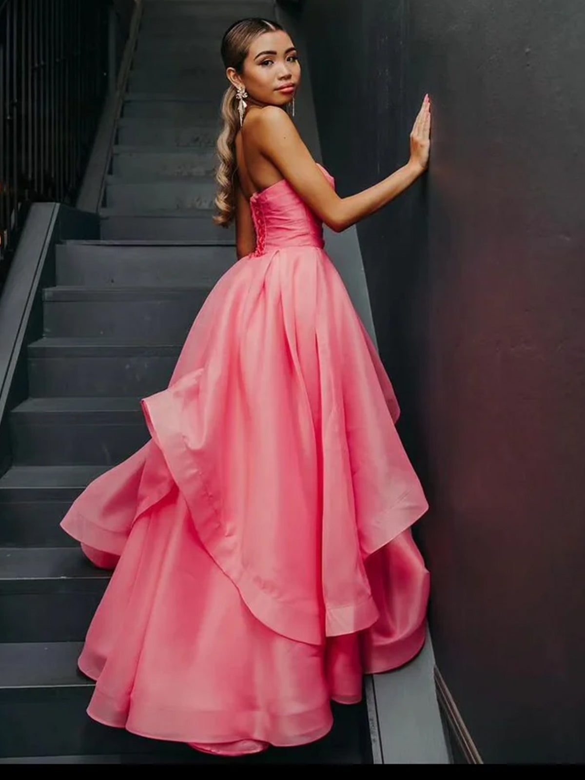 Hot Pink A Line Strapless Organza Floor Length Prom Dress