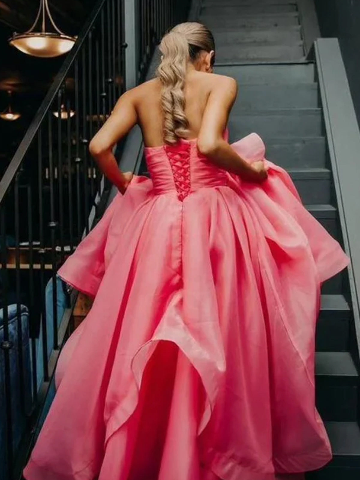 Hot Pink A Line Strapless Organza Floor Length Prom Dress