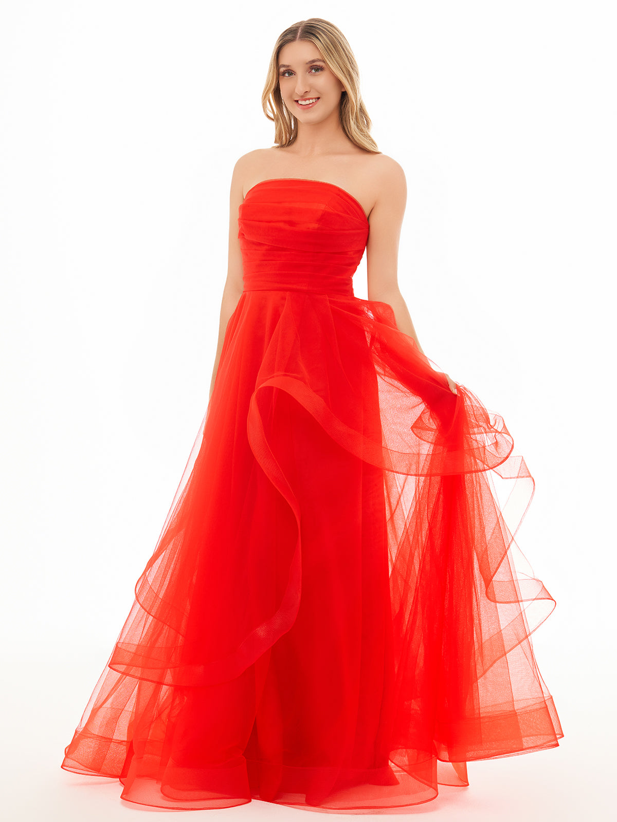 Hot Pink A Line Strapless Organza Floor Length Prom Dress