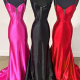 Elori | Plunge Neck Black Satin Mermaid Long Prom Dress