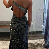 Eluned | Black One Shoulder Sheath Beaded Prom Dress With Split