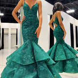 Elysian | Hunter Green V-Neck Lace Applique Layered Mermaid Prom Dress