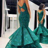 Elysian | Hunter Green V-Neck Lace Applique Layered Mermaid Prom Dress