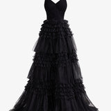 Emerson | Black A-Line Deep V Neck Tiered Long Glitter Tulle Prom Dress
