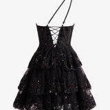 Emma | Black A Line One Shoulder Navy Tiered Lace Short Homecoming Dress