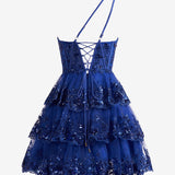 Emma | Royal Blue A Line One Shoulder Navy Tiered Lace Short Homecoming Dress