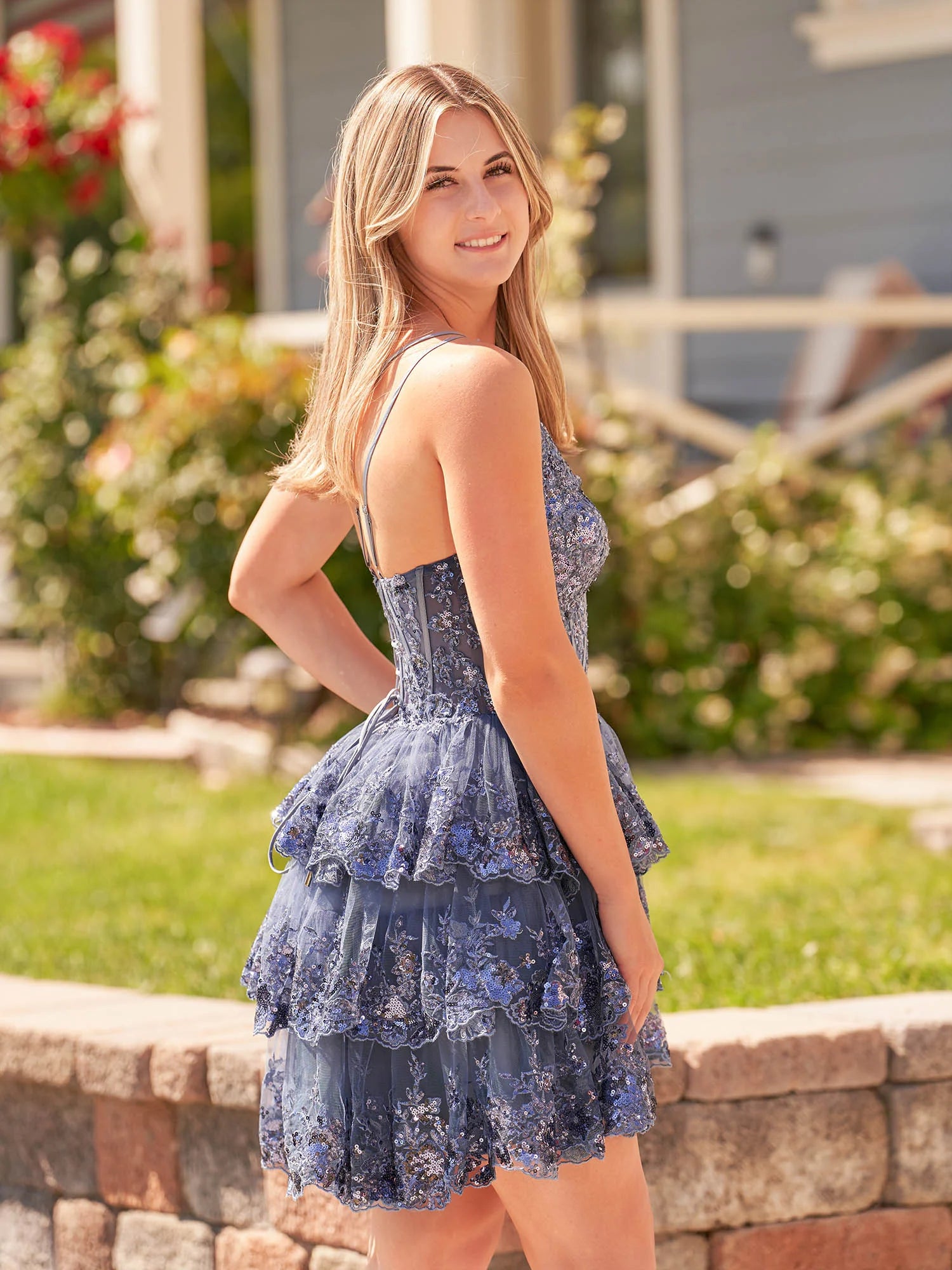 Emma | Royal Blue A Line One Shoulder Navy Tiered Lace Short Homecoming Dress