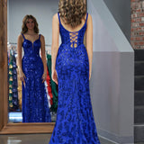 Erryn |Sparkly Blue Sheath Sequins Long Prom Dress with Slit