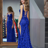 Erryn |Sparkly Blue Sheath Sequins Long Prom Dress with Slit