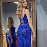 Erryn |Sparkly Blue Sheath Sequins Long Prom Dress with Slit