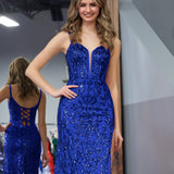 Erryn |Sparkly Blue Sheath Sequins Long Prom Dress with Slit