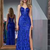 Erryn |Sparkly Blue Sheath Sequins Long Prom Dress with Slit